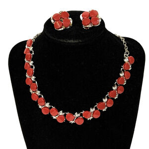 Red Thermoset Necklace and Clip Earrings Vintage Silver Tone Leaves Set Retro